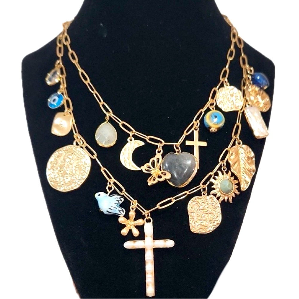NWOT ⚜️🩶⚜️ ATTERRI Gorgeous Multi Charm Two Layered Necklace - Picture 2 of 12